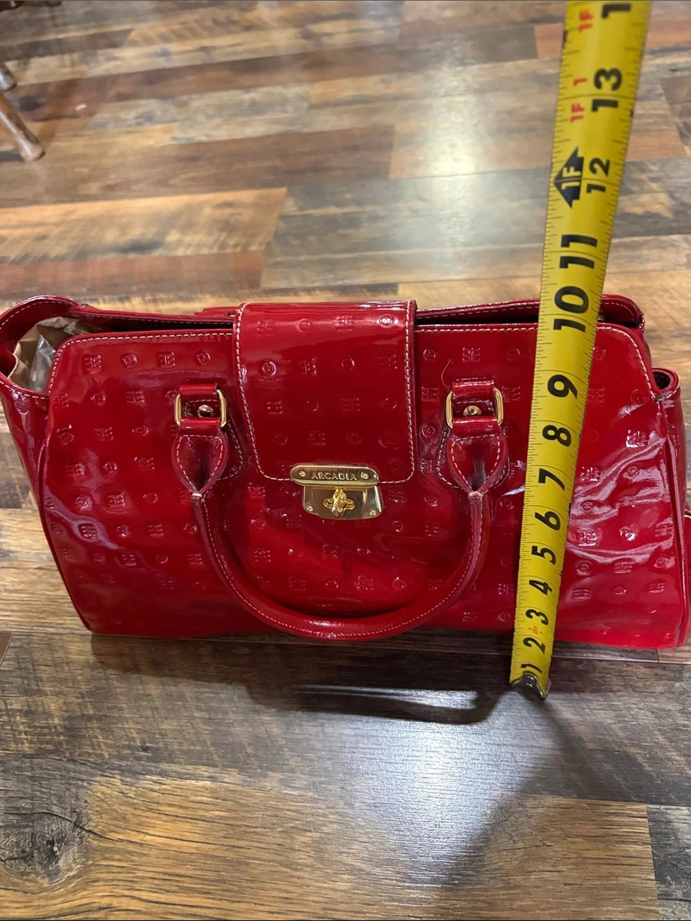 ARCADIA Italy Red Patent Leather Handbag Purse Tote Shoulder Bag‎ Embossed